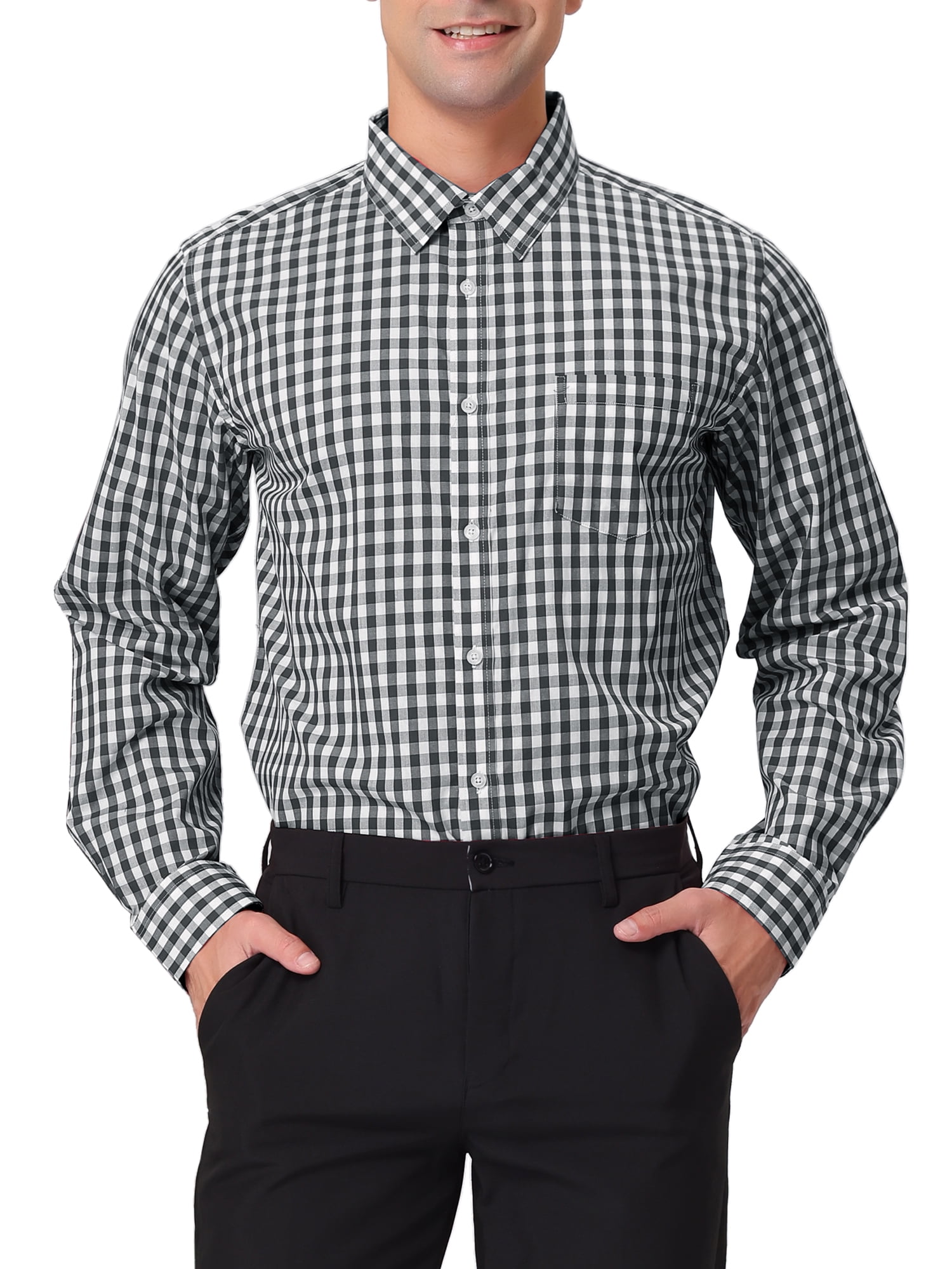 Unique Bargains Men s Plaid Button Down Long Sleeves Dress Checkered Shirts L Black White Walmart