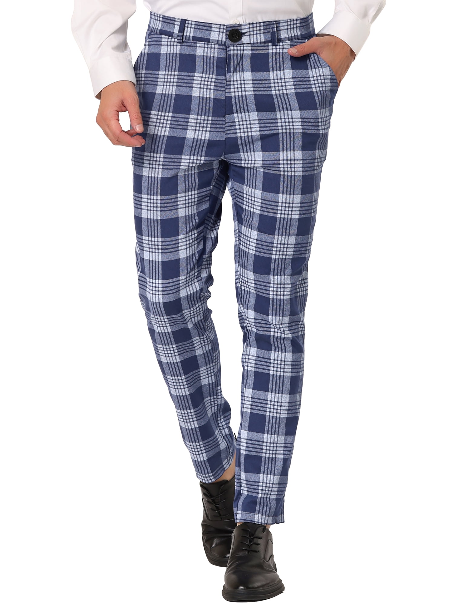 Unique Bargains Men s Plaid Dress Pants Casual Slim Fit Checkered Business Trousers 32 Navy Blue Walmart