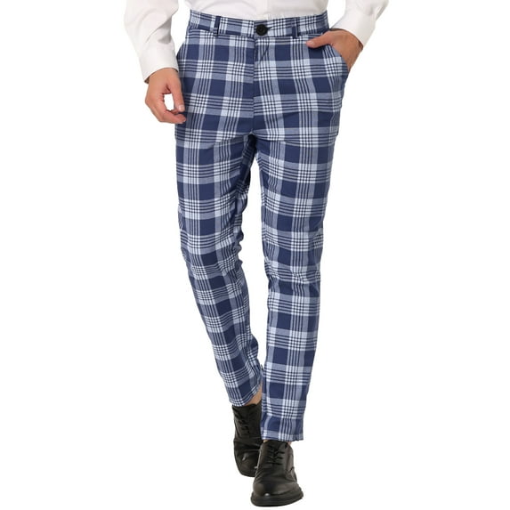 Unique Bargains Men's Plaid Dress Pants Casual Slim Fit Checkered Business Trousers 36 Navy Blue