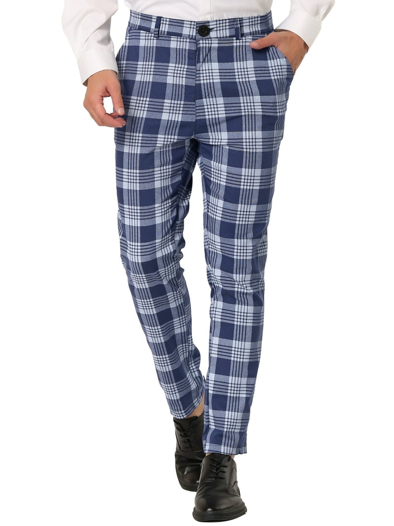 Navy Blue Mens Casual Check Trousers Unique Bargains Men's Plaid