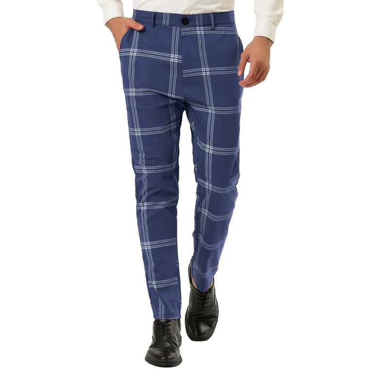 Unique Bargains Men's Plaid Dress Pants Casual Slim Fit Flat Front Checked  Trousers 