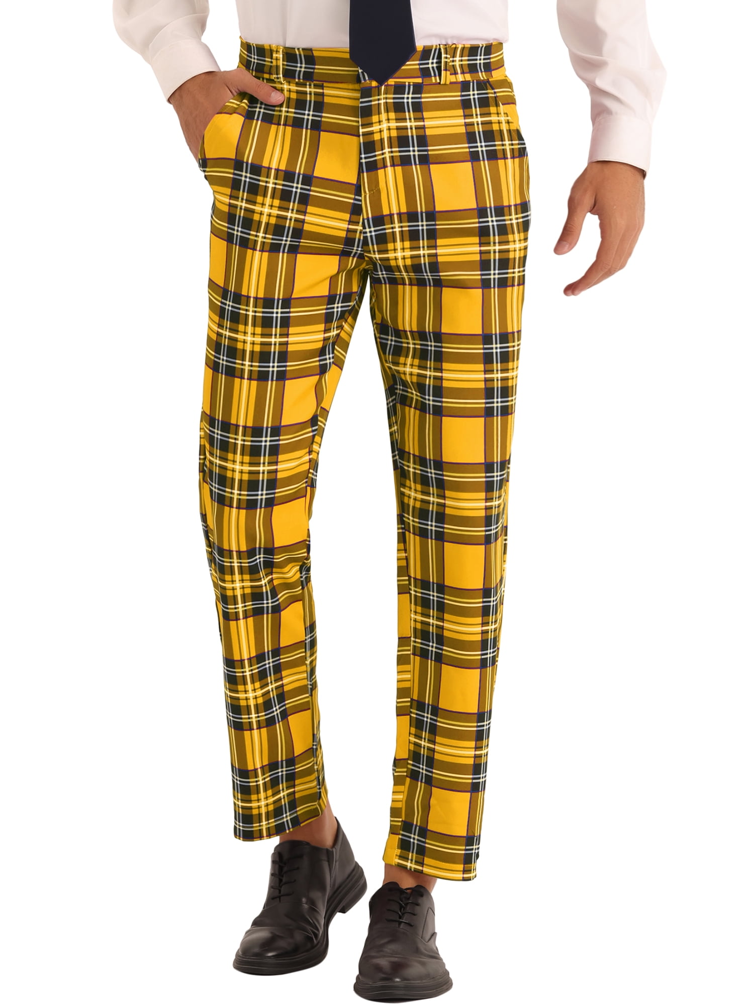 Unique Bargains Men's Plaid Dress Pants Slim Fit Straight Leg Formal Pattern Pants 36 Yellow