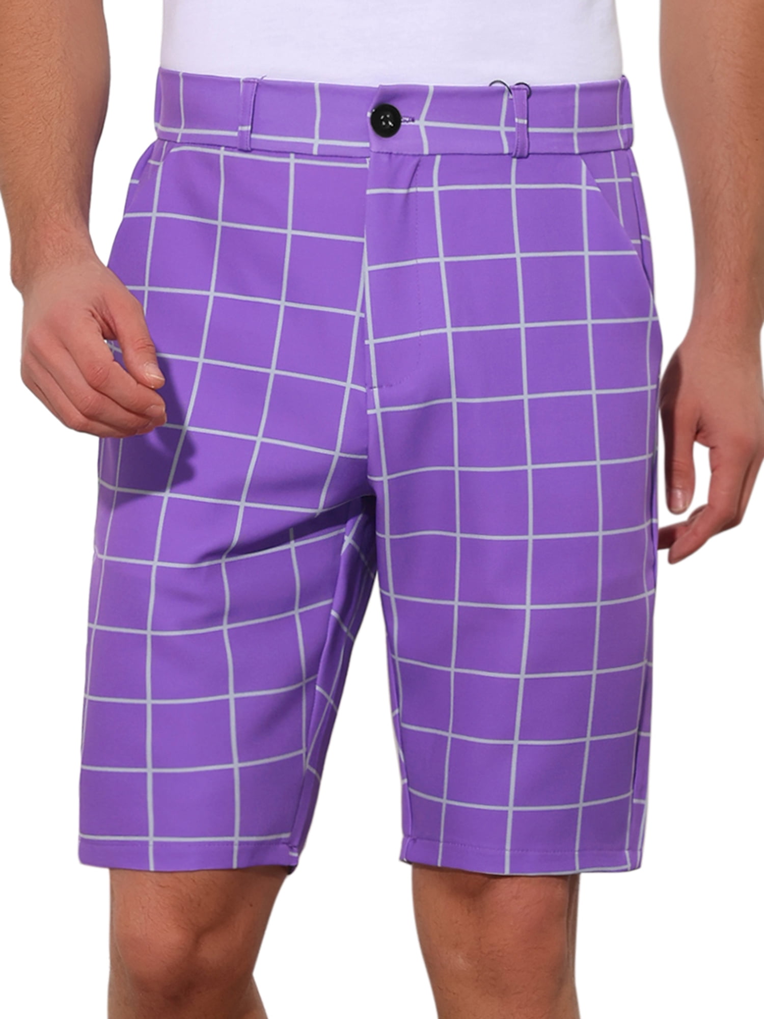 Unique Bargains Men s Plaid Golf Shorts Color Block Flat Front Formal Check Shorts 30 Purple Walmart