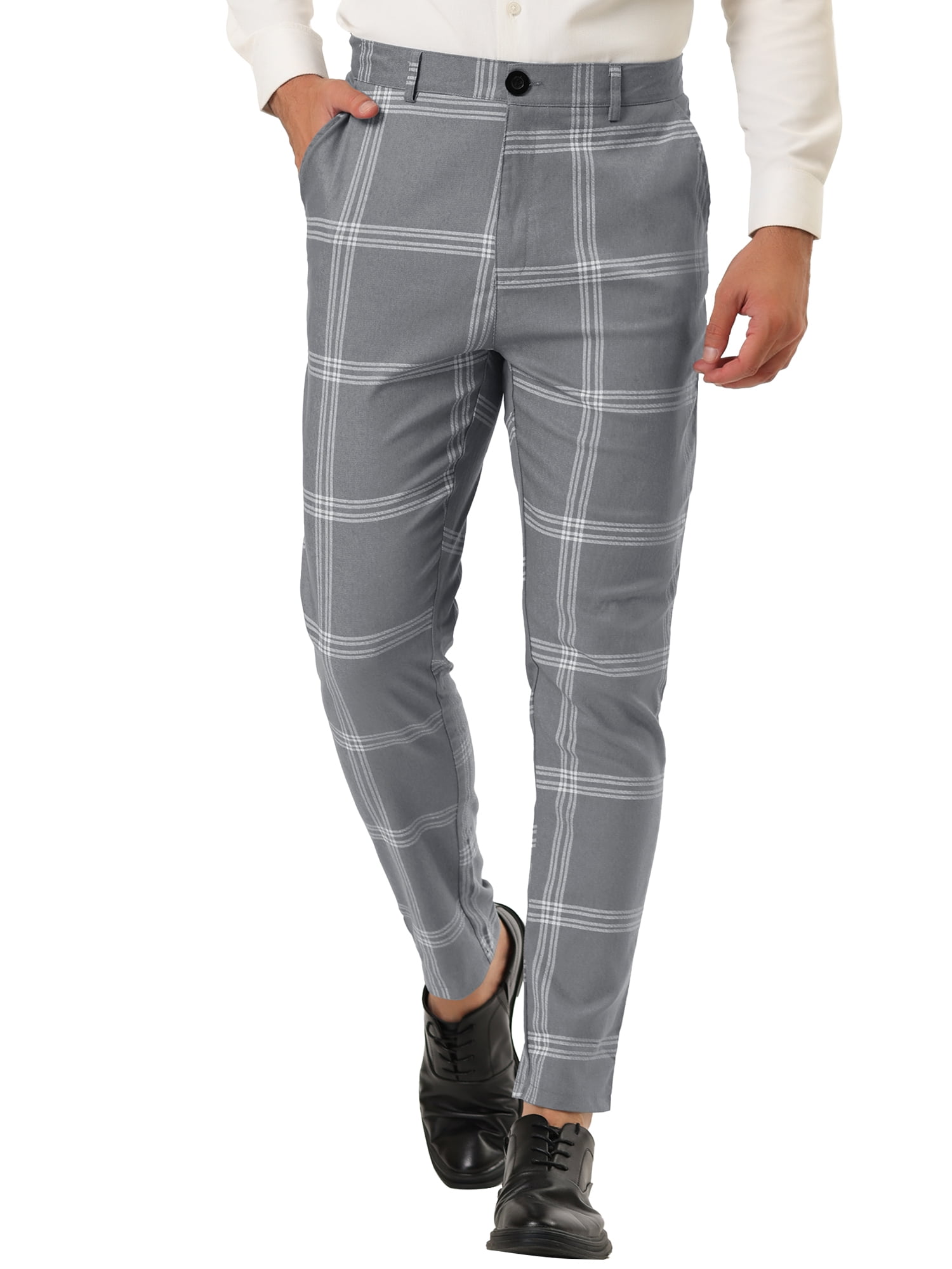Slim Fit Grey Navy Plaid Pants - Benjamin's Menswear
