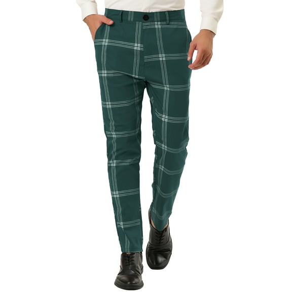 Unique Bargains Men's Business Plaid Pants Casual Slim Fit Flat Front Checked Trousers 36 Green