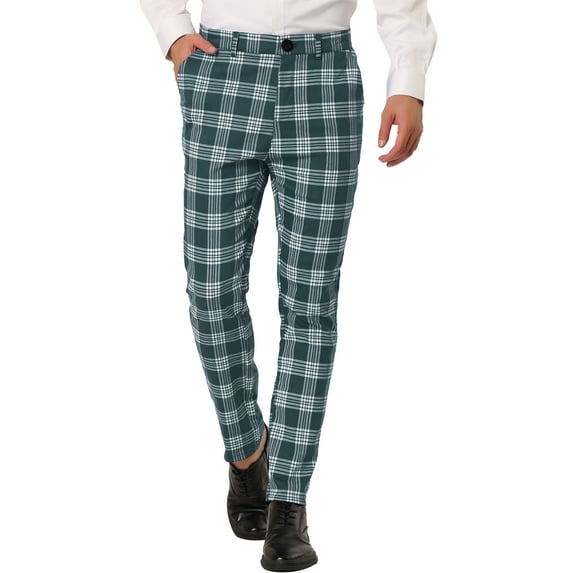 Unique Bargains Men's Plaid Pants Casual Slim Fit Flat Front Skinny Checked Dress Pants 30 Green