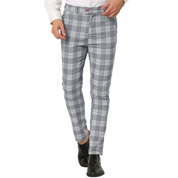 Unique Bargains Men's Plaid Pants Casual Slim Fit Flat Front Skinny Checked Dress Pants 36 Gray