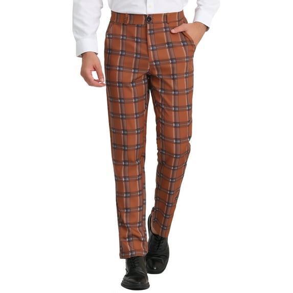 Unique Bargains Men's Flat Front Plaid Pants Formal Business Checked Trousers 34 Brown White