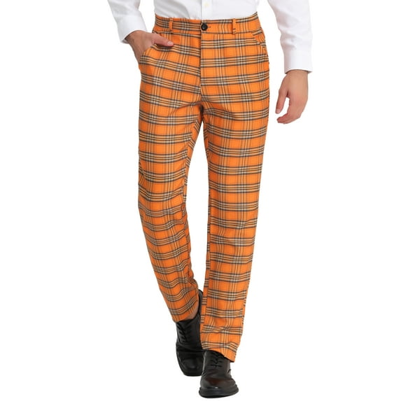 Unique Bargains Men's Flat Front Plaid Pants Formal Business Checked Trousers 36 Orange White