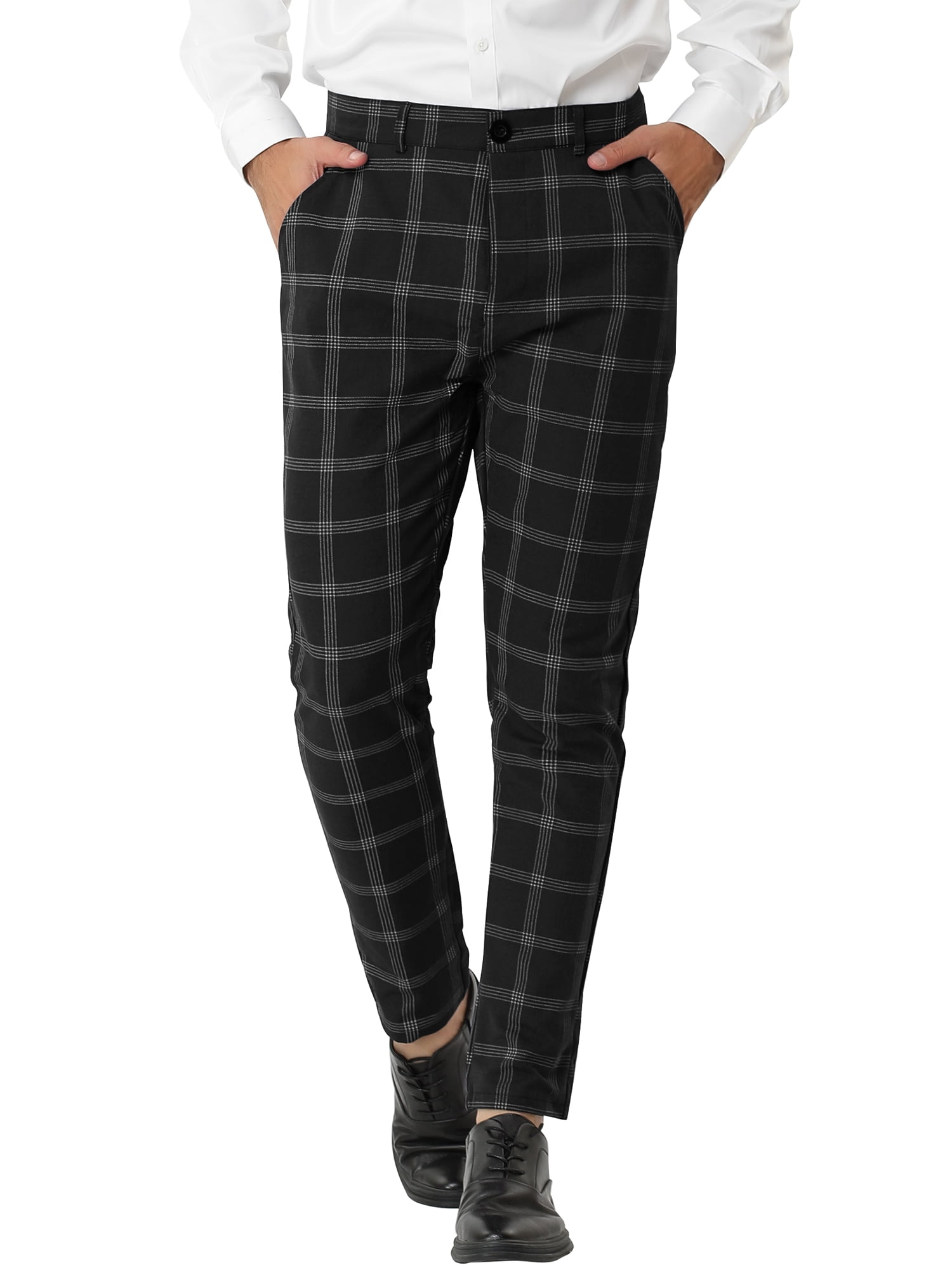 Unique Bargains Men's Plaid Pattern Slim Fit Flat Front Business Pants with Pockets 36 Black