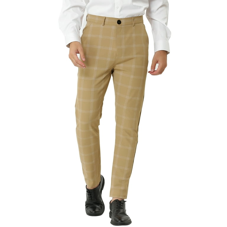 Unique Bargains Men s Plaid Pattern Slim Fit Flat Front Business Pants with Pockets 40 Khaki Walmart