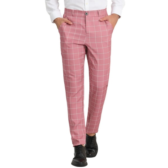 Unique Bargains Men's Plaid Printed Straight Leg Business Casual Checked Pants 36 Pink White