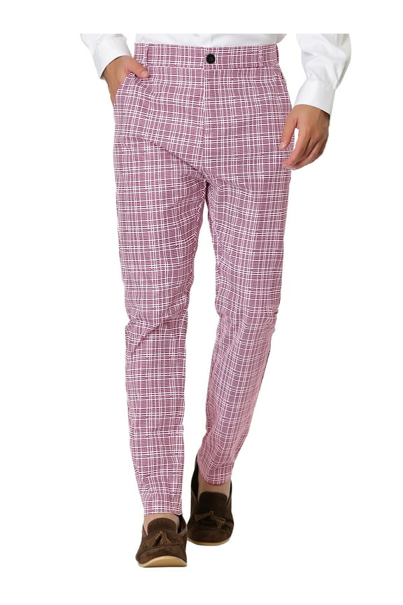 Men's Plaid Printed Straight Leg Business Casual Checked Pants 28 Pink