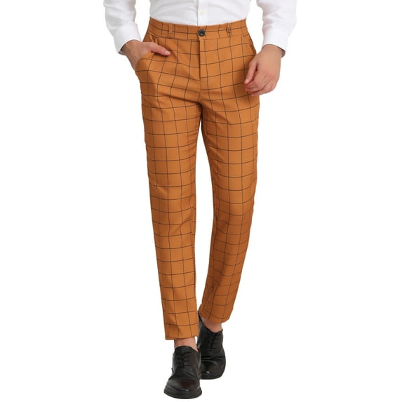 Unique Bargains Men's Plaid Printed Straight Leg Business Casual Checked Pants 28 Brown