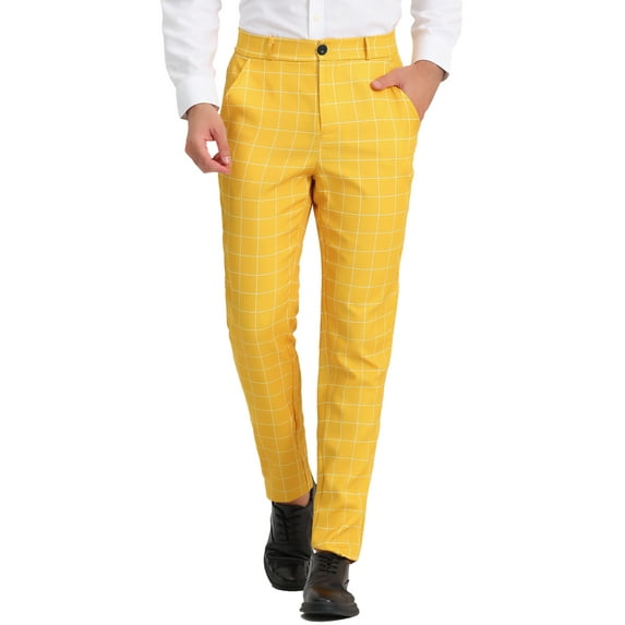 Unique Bargains Men's Plaid Printed Straight Leg Business Casual Checked Pants 28 Yellow