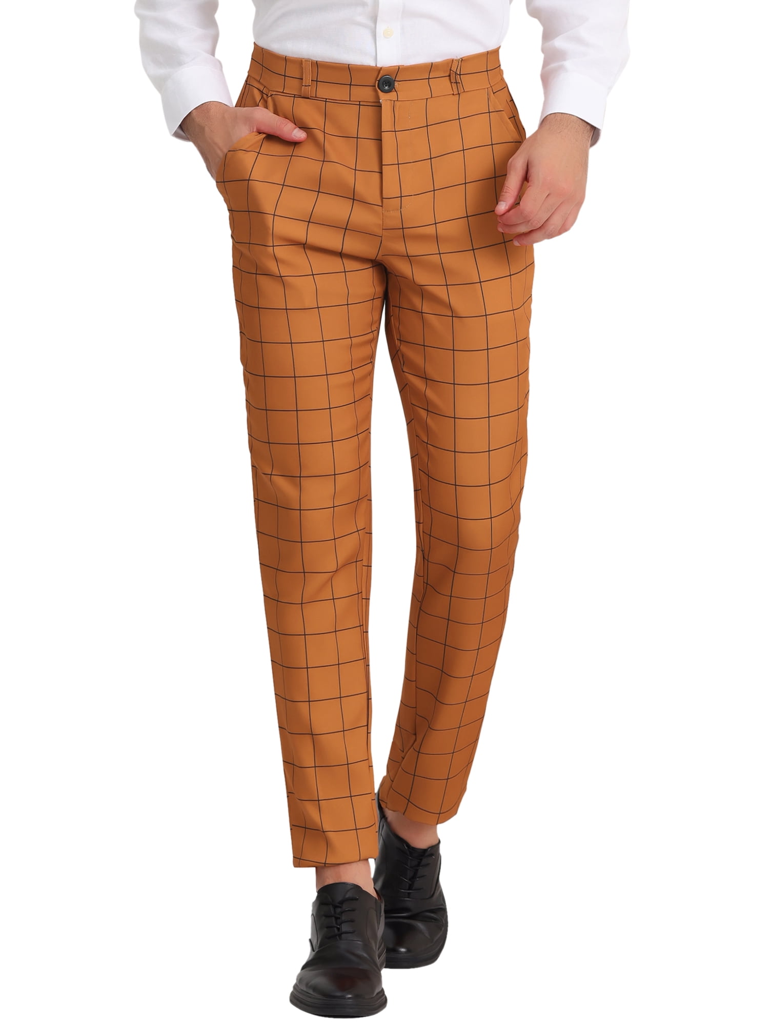 Unique Bargains Men's Plaid Printed Straight Leg Business Casual Checked Pants 30 Brown