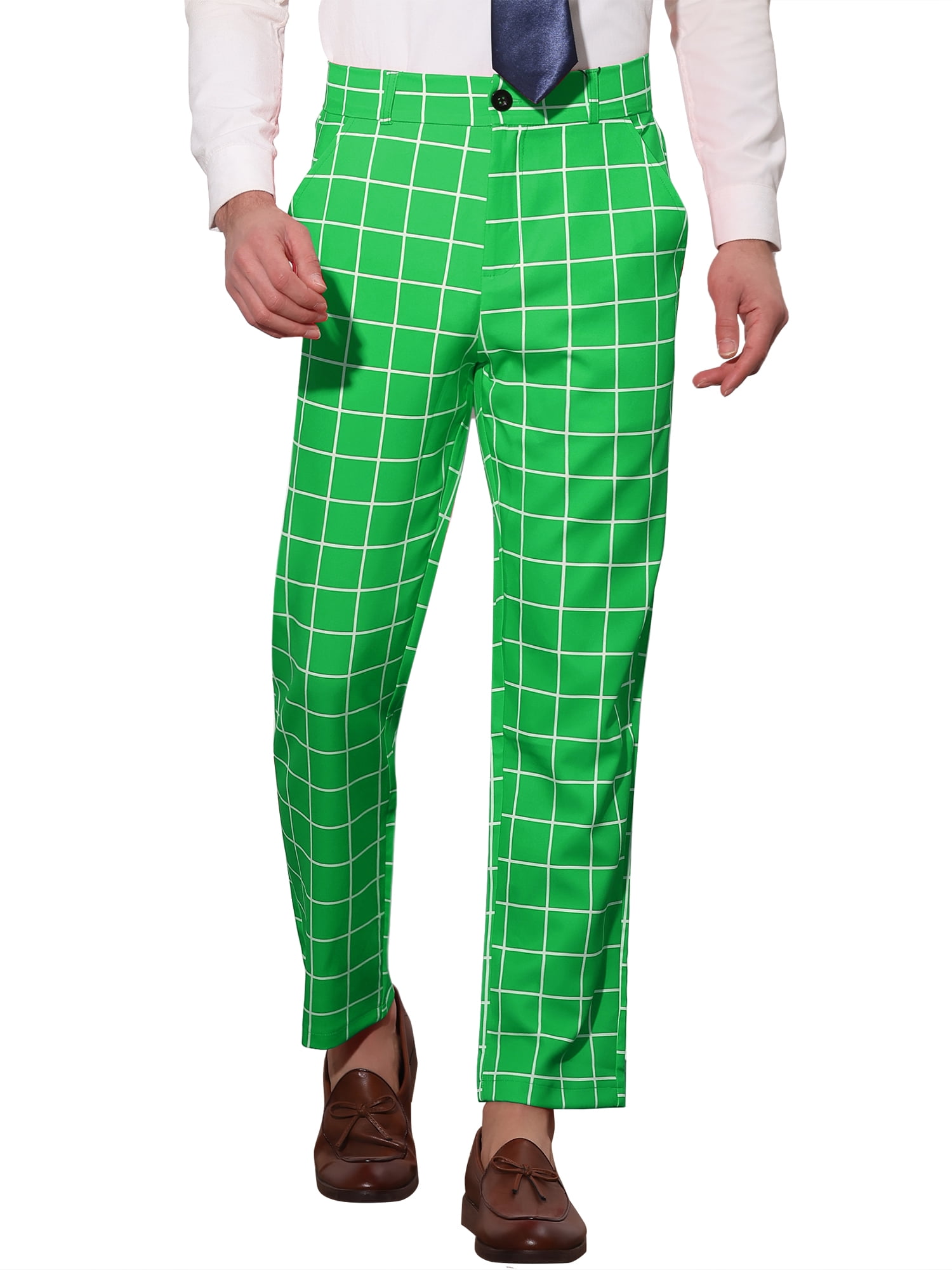 Unique Bargains Men's Plaid Printed Straight Leg Business Casual Checked Pants 30 Green White