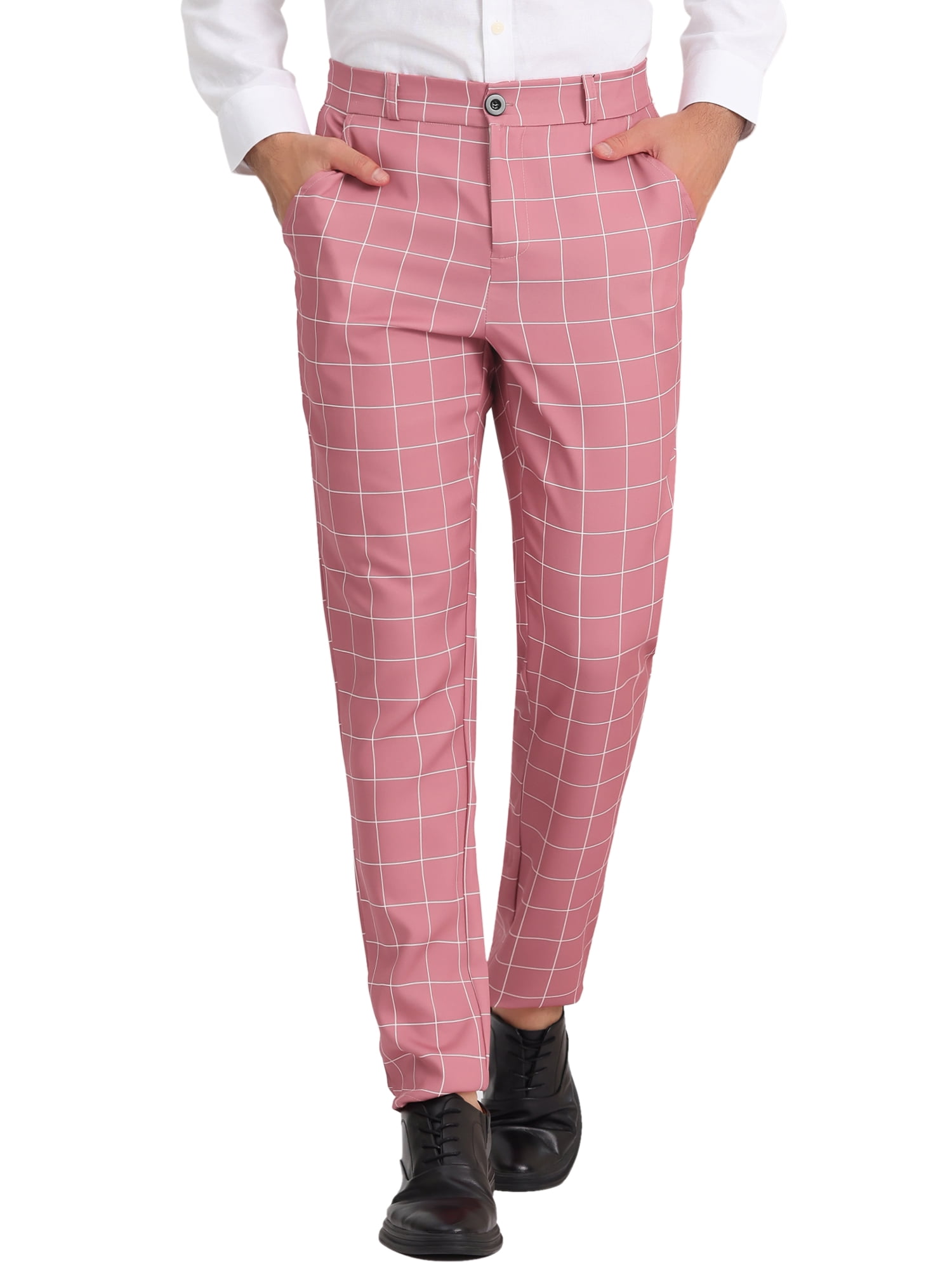 Unique Bargains Men's Plaid Printed Straight Leg Business Casual Checked Pants 30 Pink White