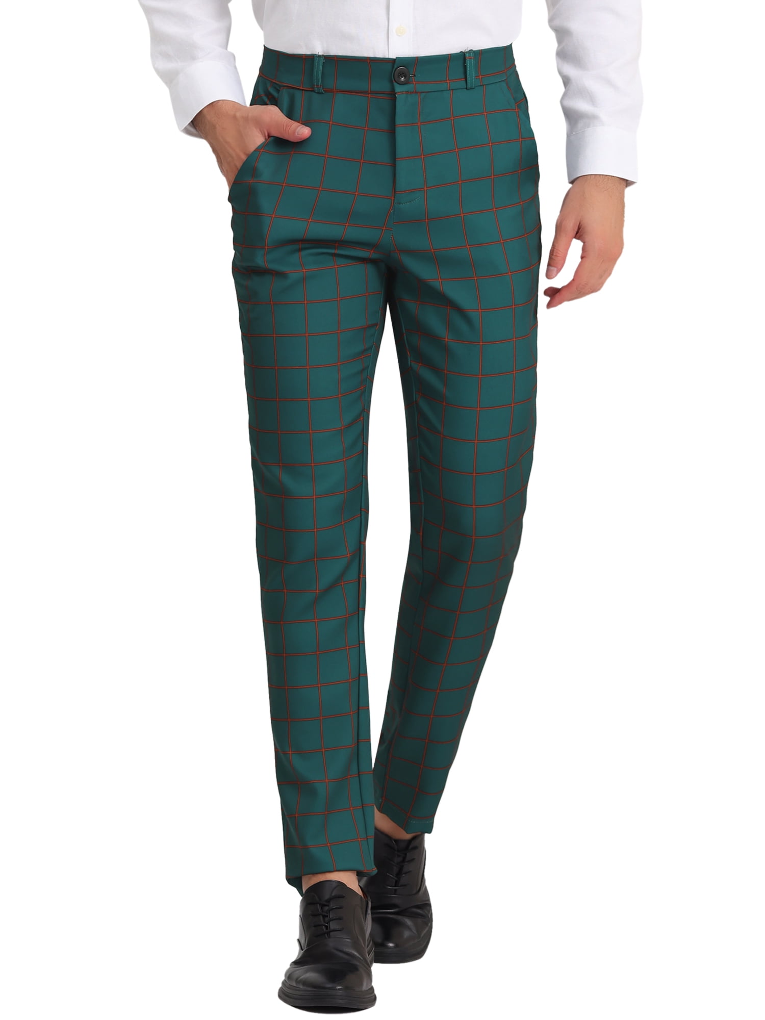 Unique Bargains Men's Plaid Printed Straight Leg Business Casual Checked Pants 34 Dark Green