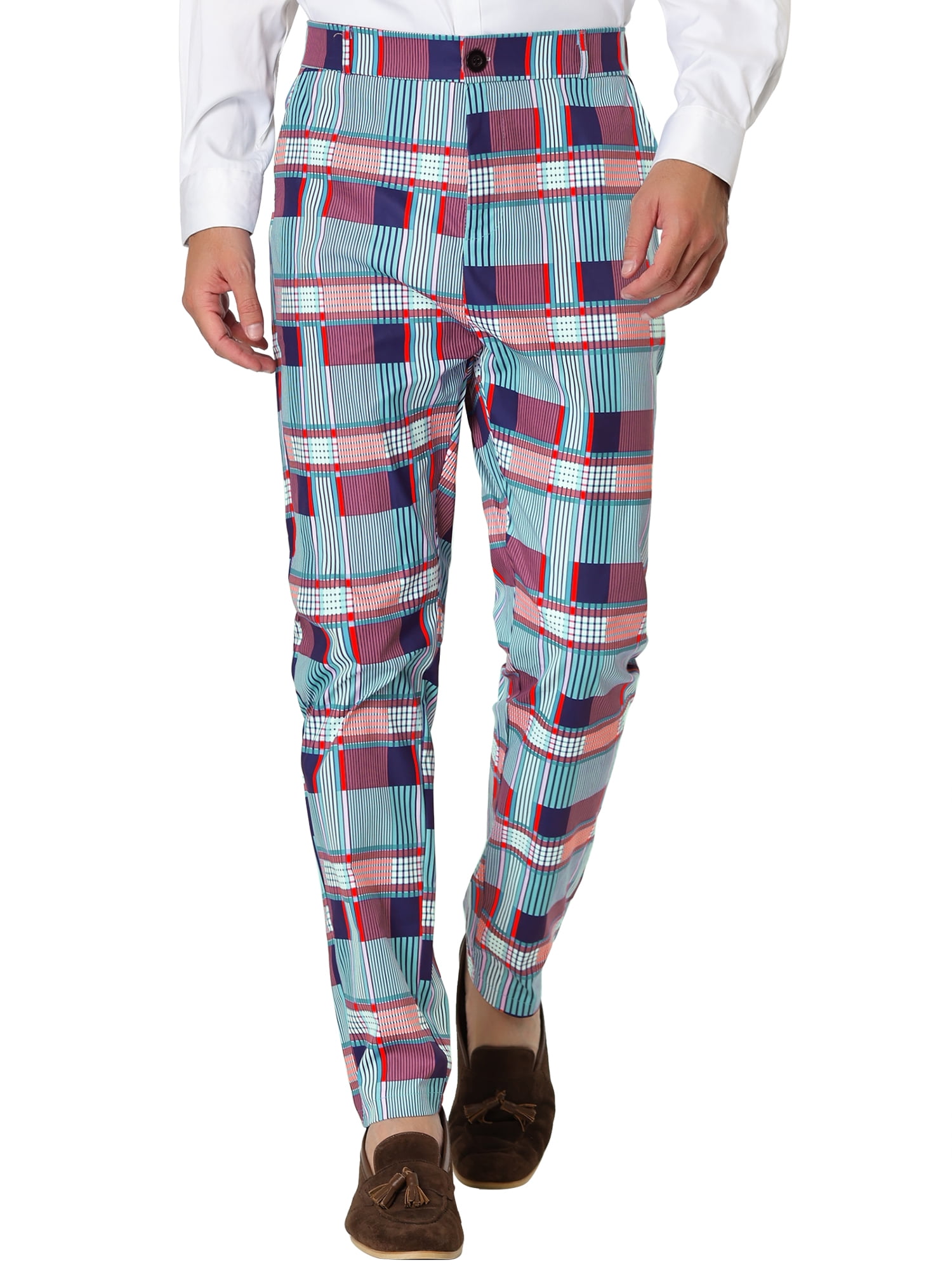 Unique Bargains Men's Plaid Printed Straight Leg Business Casual Checked Pants 34 Multicolor