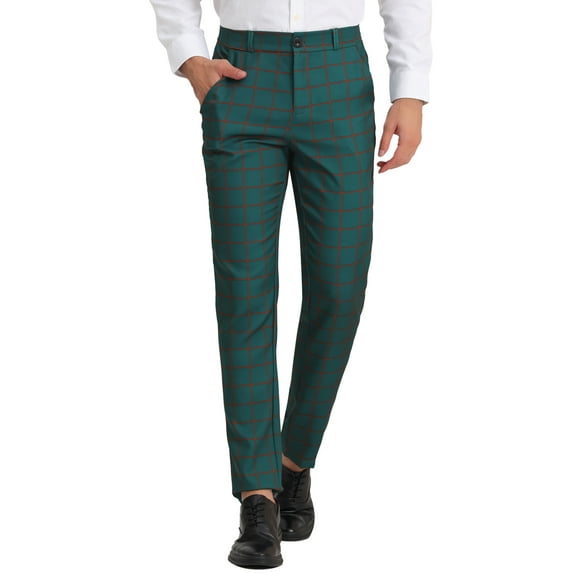 Unique Bargains Men's Plaid Printed Straight Leg Business Casual Checked Pants 38 Dark Green