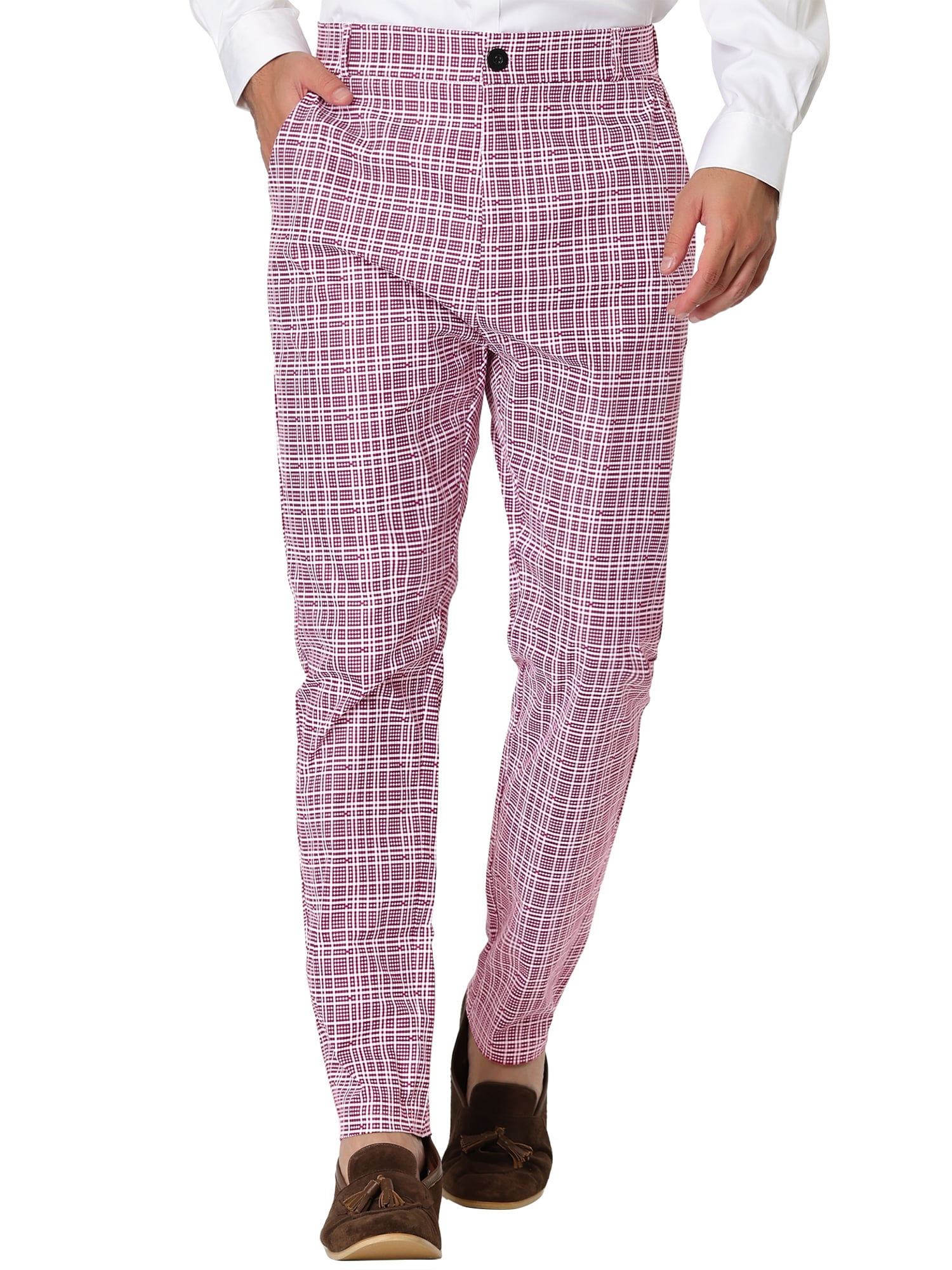Unique Bargains Men's Plaid Printed Straight Leg Business Casual Checked Pants 38 Pink