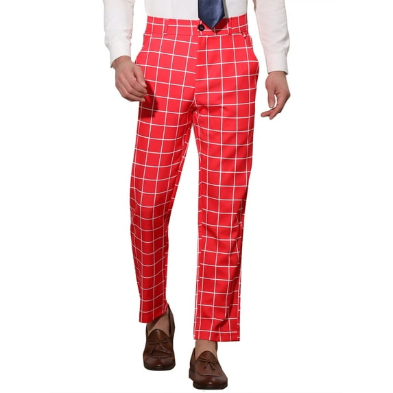 Unique Bargains Men's Plaid Printed Straight Leg Business Casual Checked Pants 38 Red White