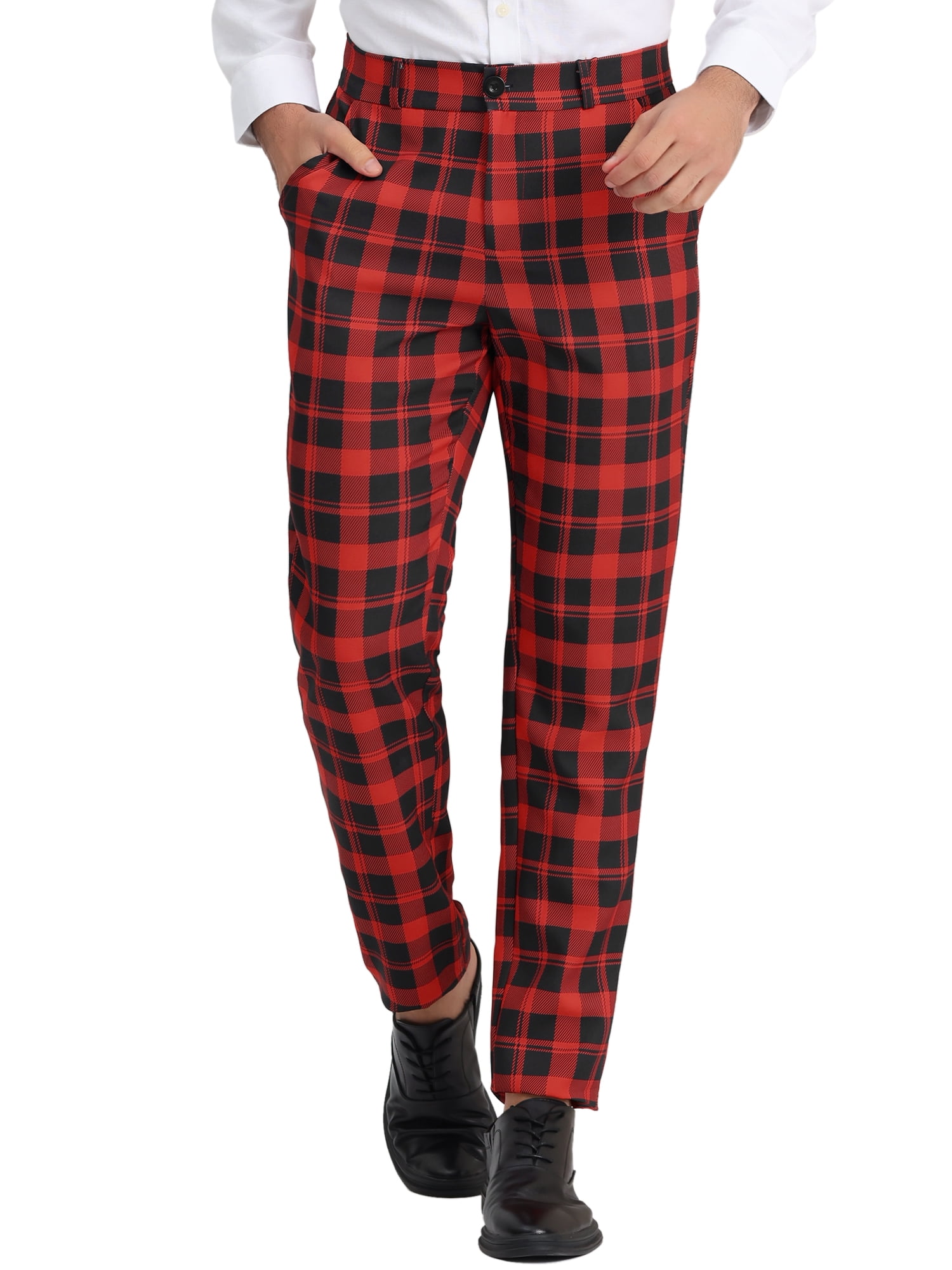 Unique Bargains Men's Plaid Regular Fit Flat Front Classic Elastic Waist Suit Pants 34 Red