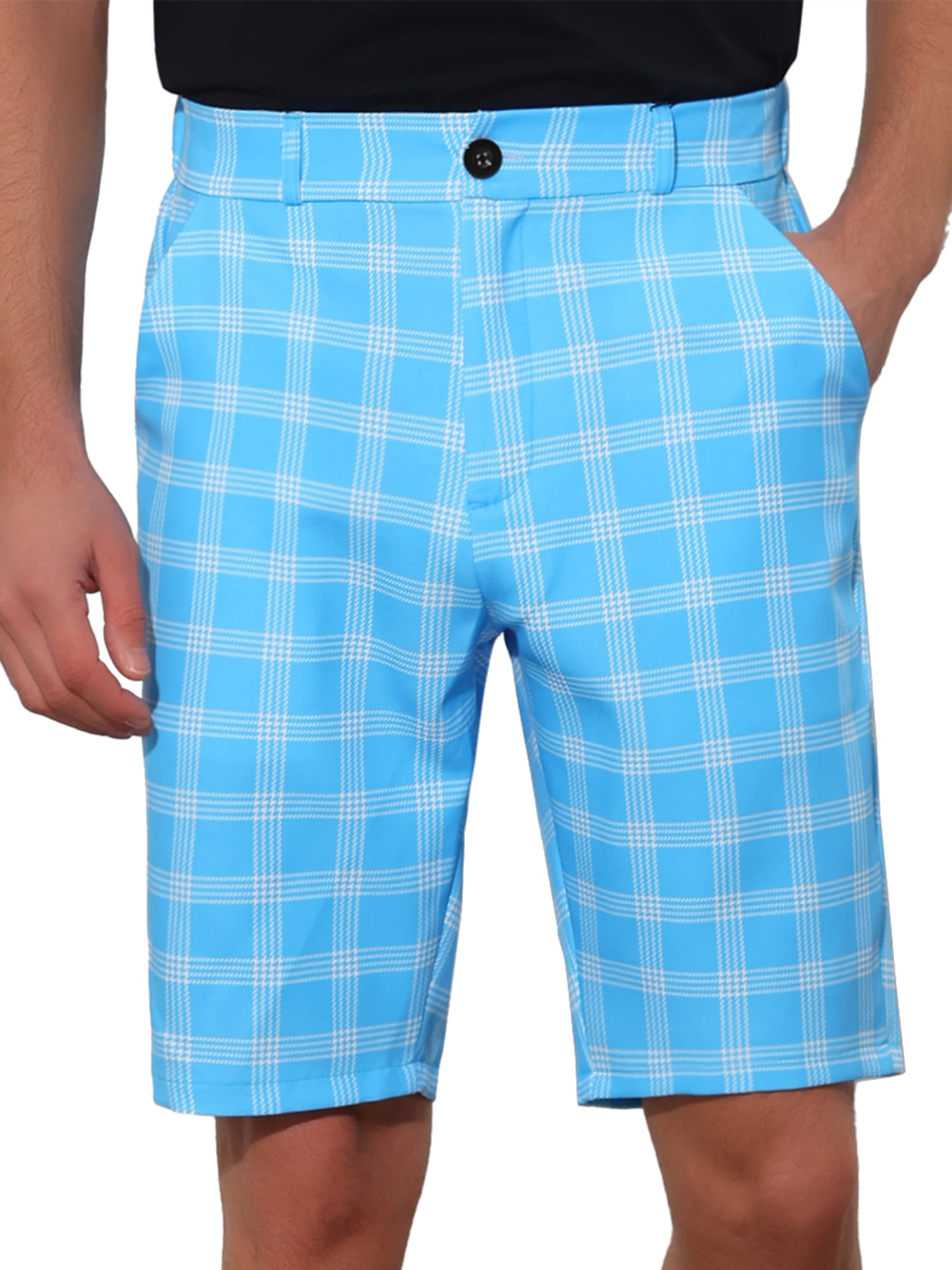 Unique Bargains Men's Plaid Shorts Flat Front Color Block Checked Shorts with Pockets 28 Blue