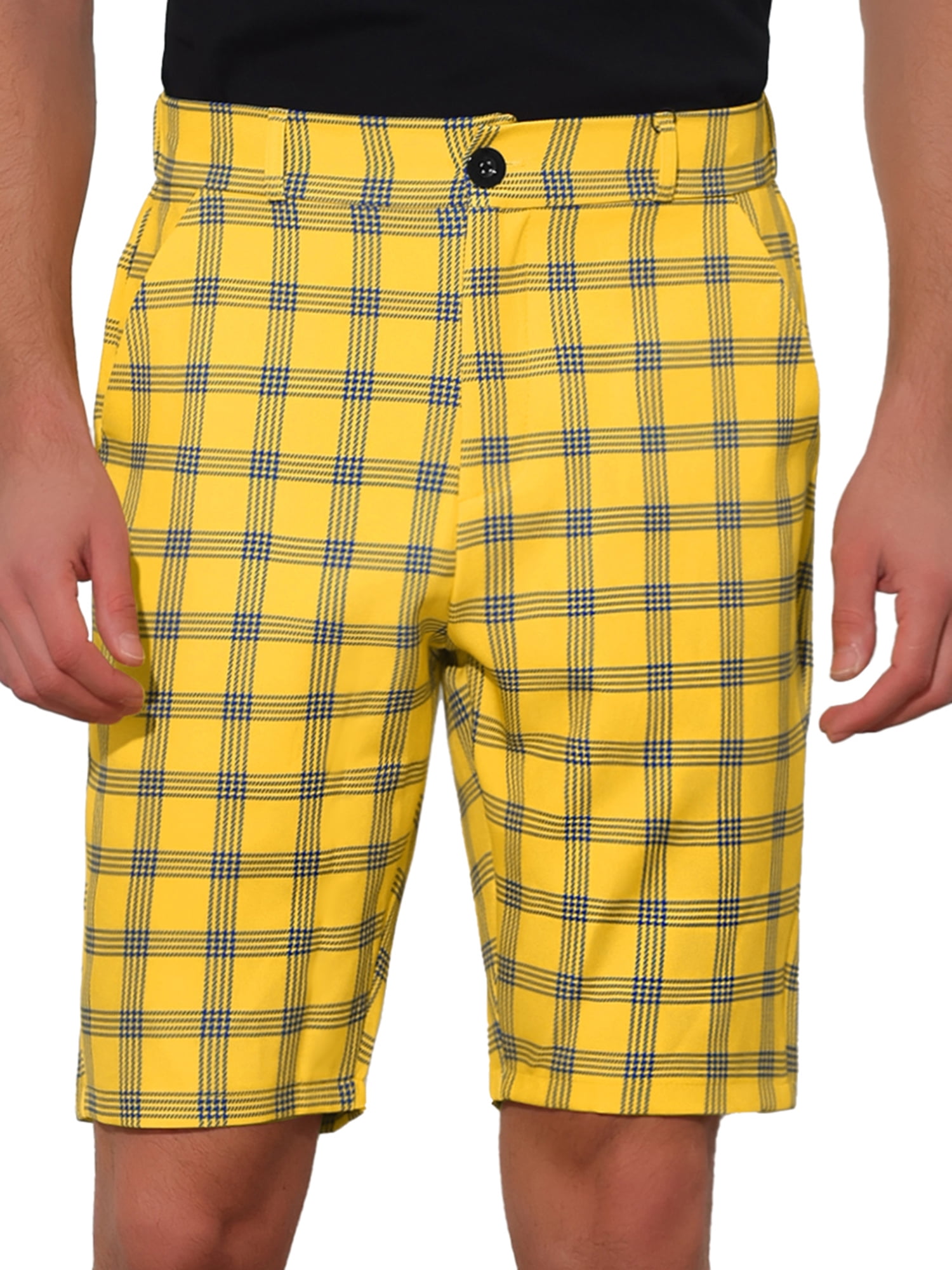 Unique Bargains Men's Plaid Shorts Flat Front Color Block Checked Shorts with Pockets 32 Yellow