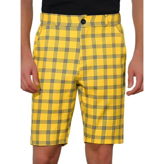 Unique Bargains Men's Plaid Shorts Flat Front Color Block Checked Shorts with Pockets 36 Yellow