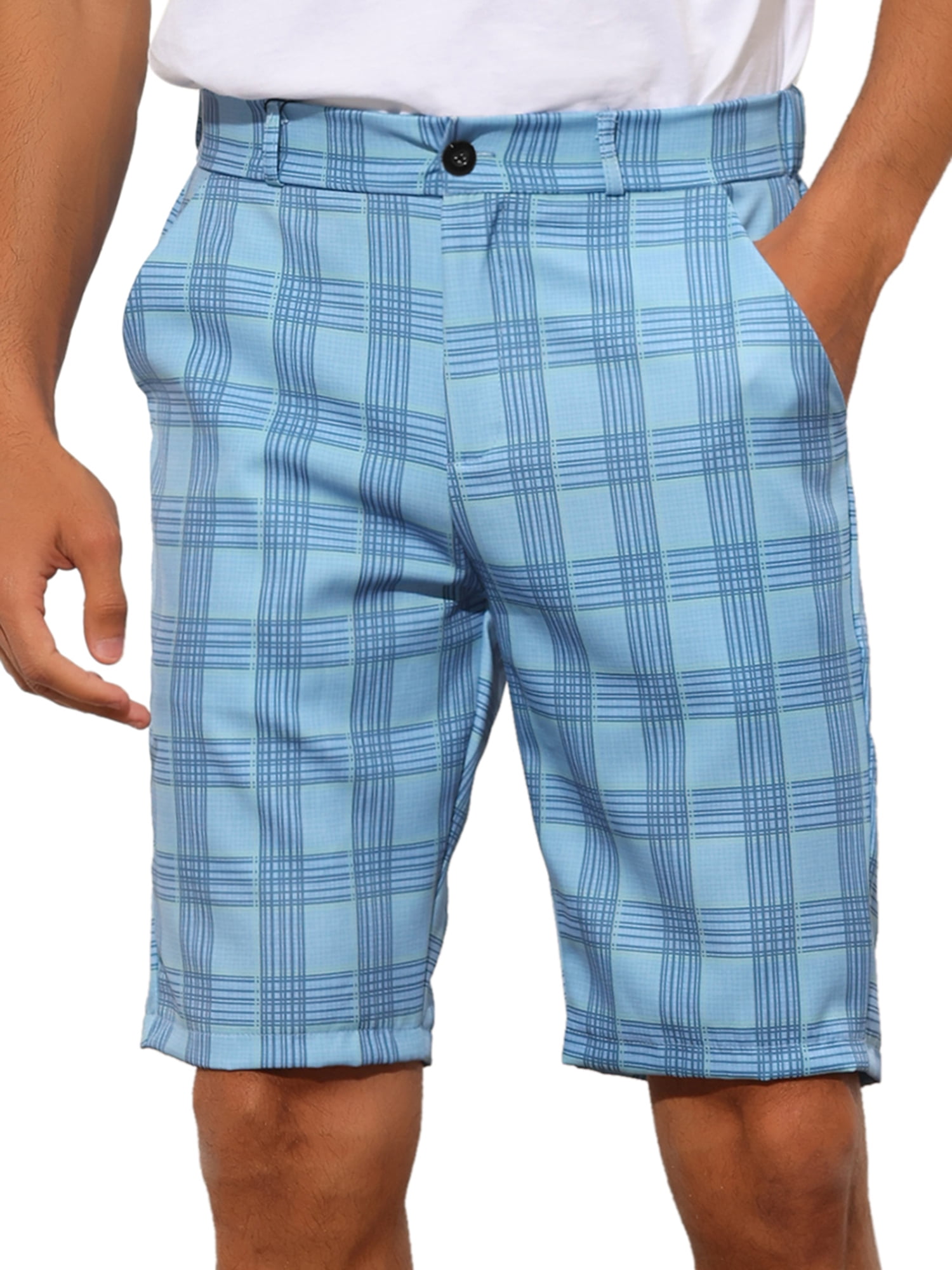Unique Bargains Men's Plaid Shorts Straight Fit Comfort Flat Front Checked Shorts 30 Blue
