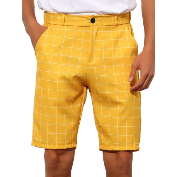Unique Bargains Men's Plaid Shorts Straight Fit Comfort Flat Front Checked Shorts 32 Yellow