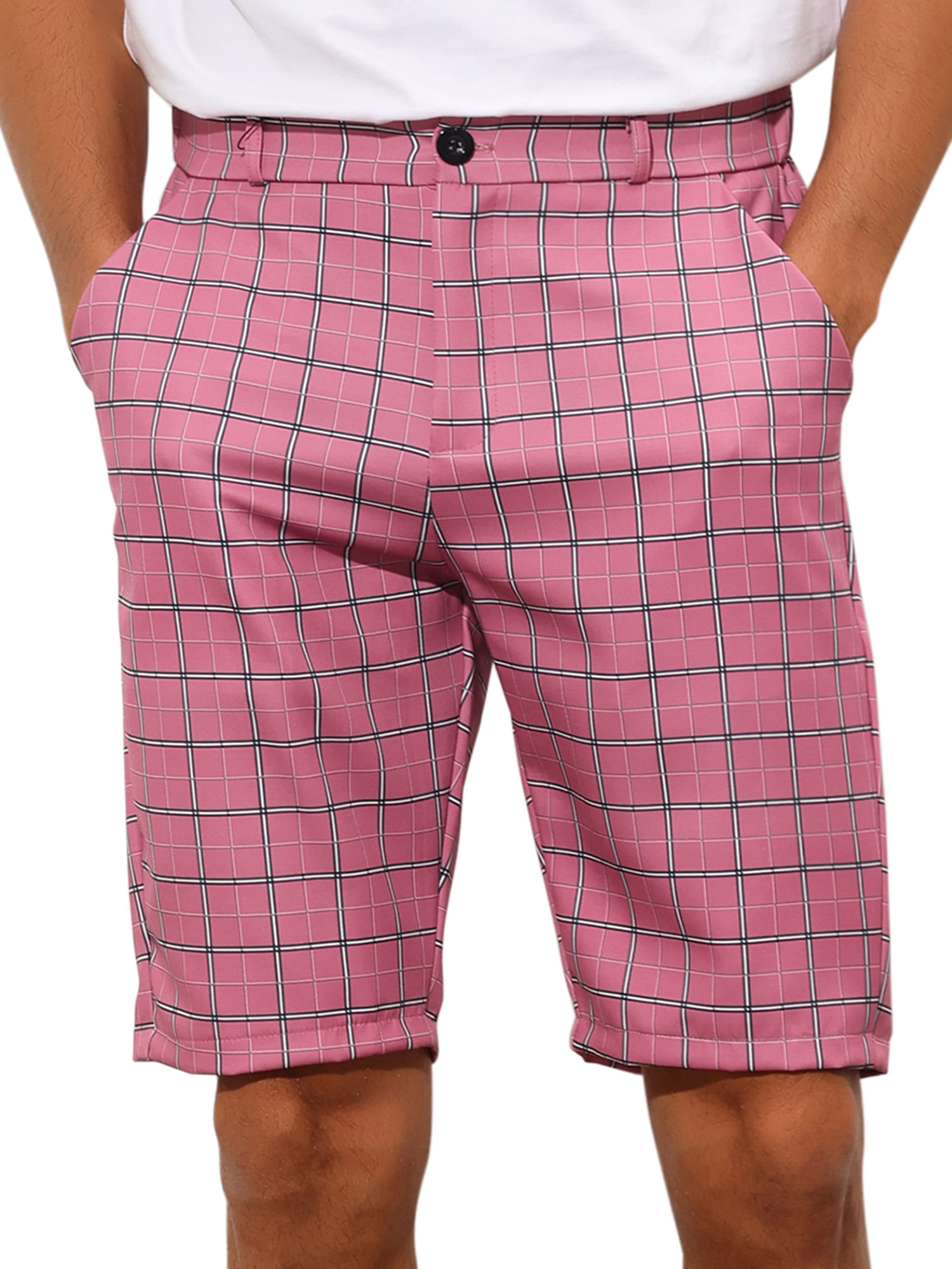 Unique Bargains Men's Plaid Shorts Straight Fit Comfort Flat Front Checked Shorts 36 Pink