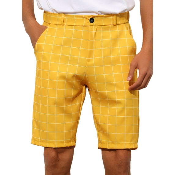 Unique Bargains Men's Plaid Shorts Straight Fit Comfort Flat Front Checked Shorts 36 Yellow