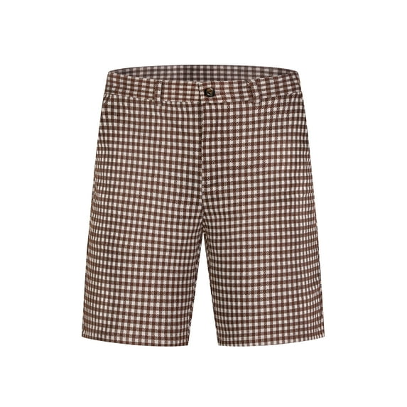 Unique Bargains Men's Plaid Shorts Straight Leg Flat Front Tartan Print Chino Shorts 36 Brown