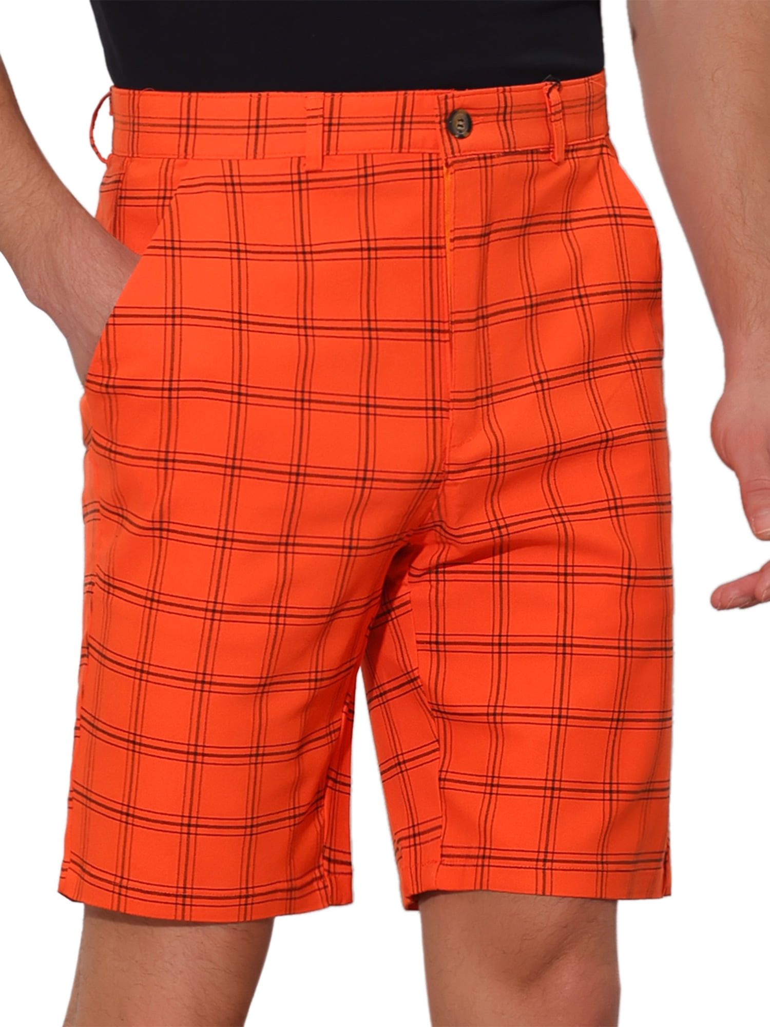 Unique Bargains Men s Plaid Shorts Summer Flat Front Checked Patterned Dress Shorts 32 Orange