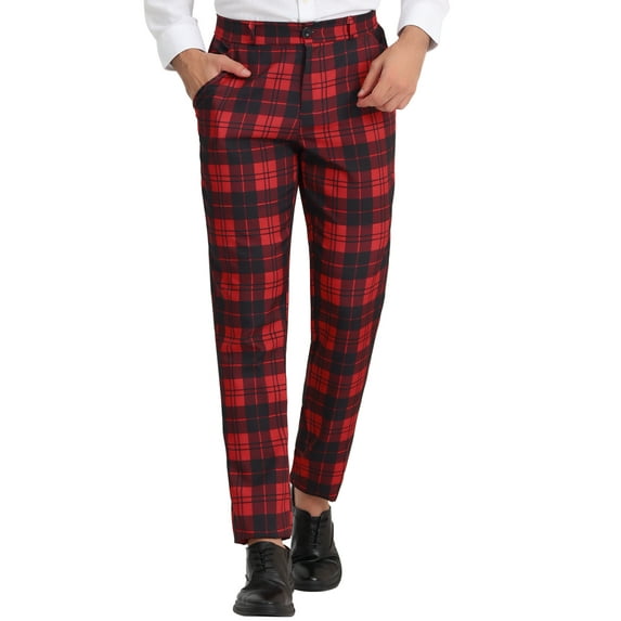 Unique Bargains Men's Plaid Slacks Regular Fit Flat Front Work Prom Checked Pants 34 Red