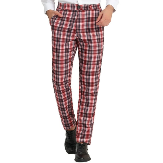 Unique Bargains Men's Plaid Slacks Regular Fit Flat Front Work Prom Checked Pants 38 Burgundy