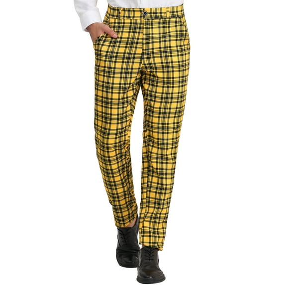 Unique Bargains Men's Plaid Slacks Regular Fit Flat Front Work Prom Checked Pants 38 Yellow