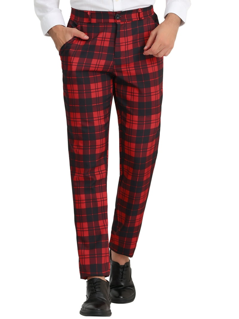 【massnoun】CHECK WIDE POCKET STRING SLACKS Unique Bargains Men's Plaid Slacks Regular Fit Flat Front