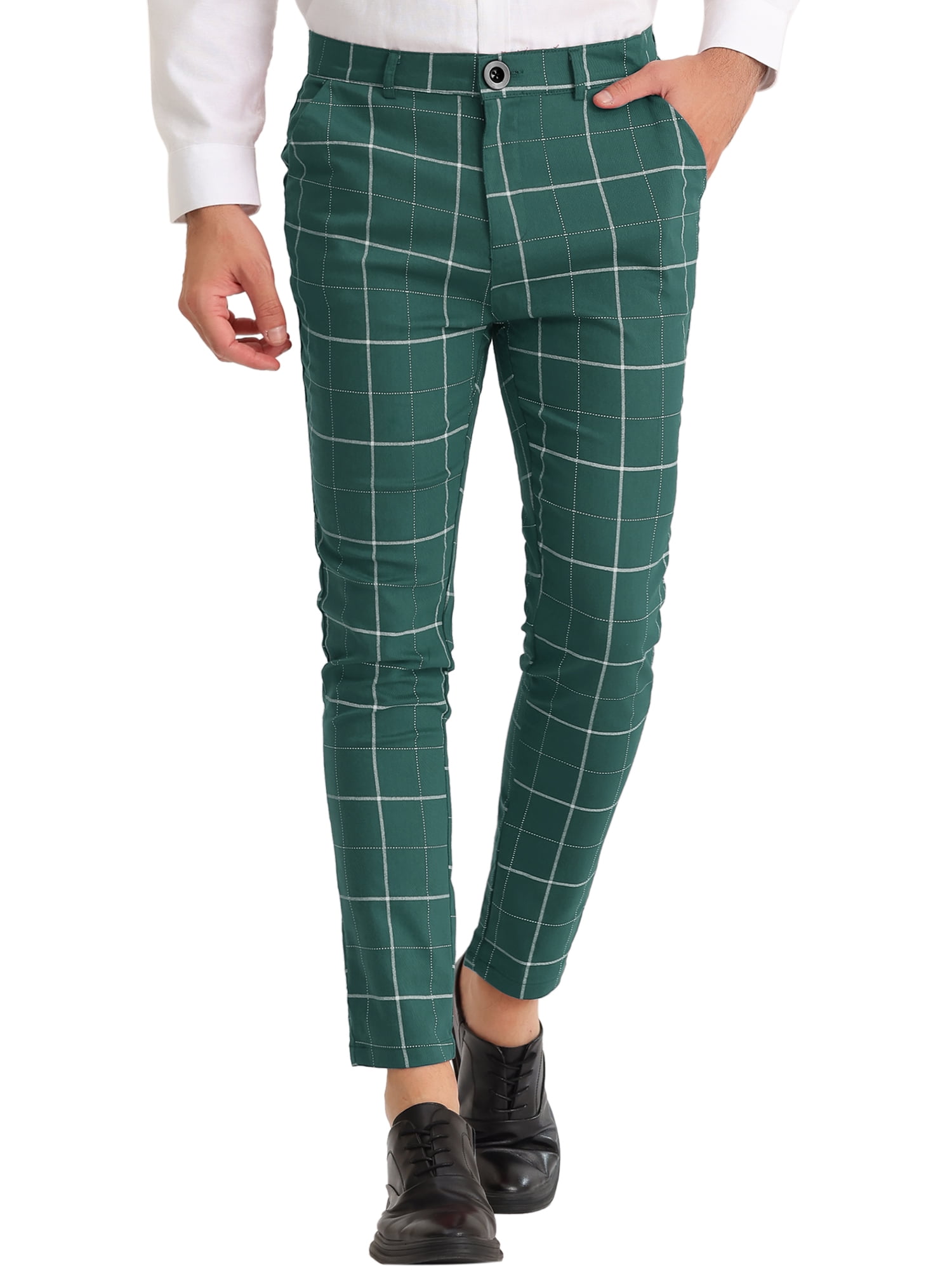 Unique Bargains Men's Plaid Slim Fit Flat Front Business Checked Trousers 38 Green