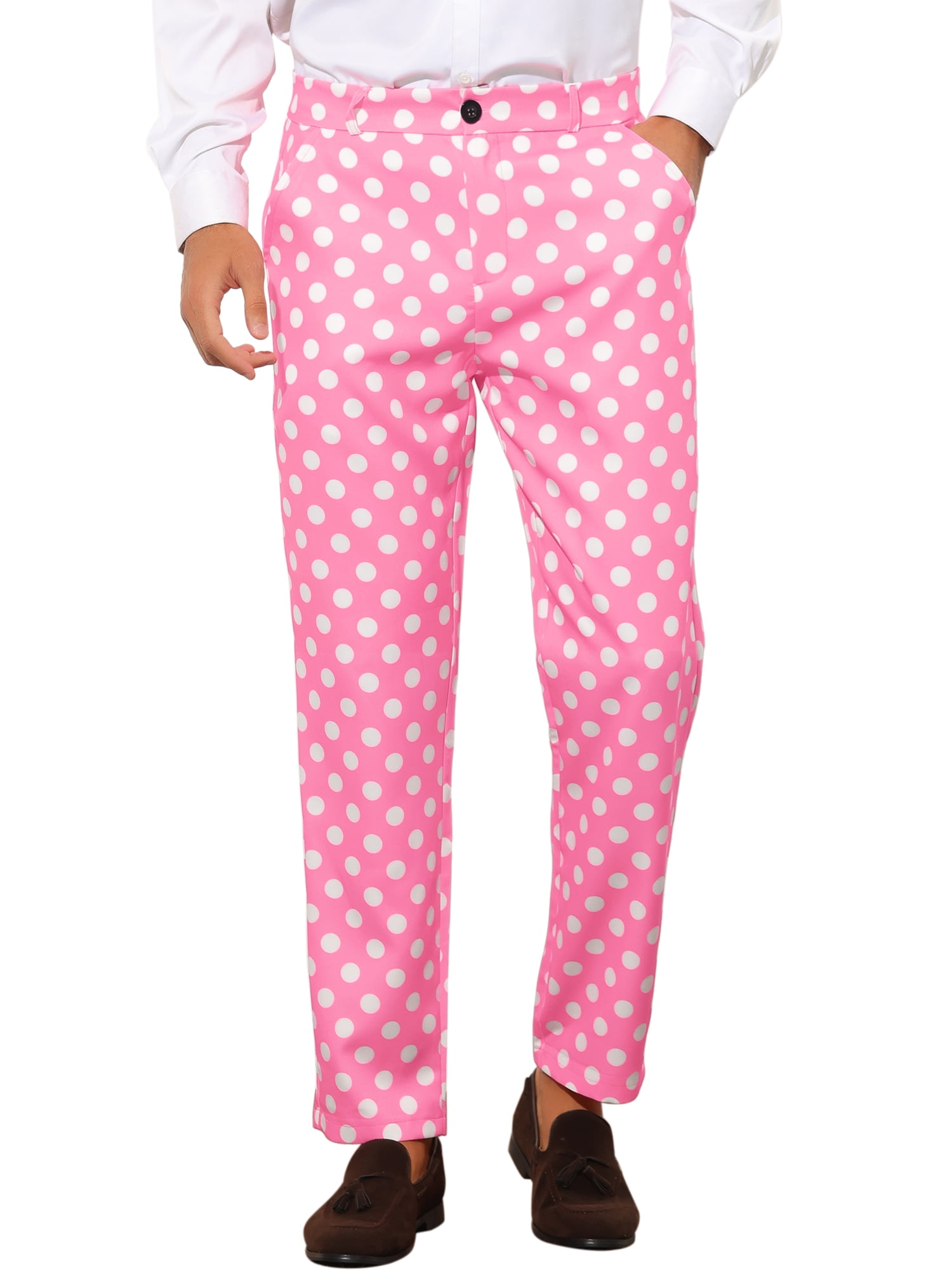 Unique Bargains Men's Polka Dots Dress Pants Regular Fit Flat Front Printed Trousers 34 Pink