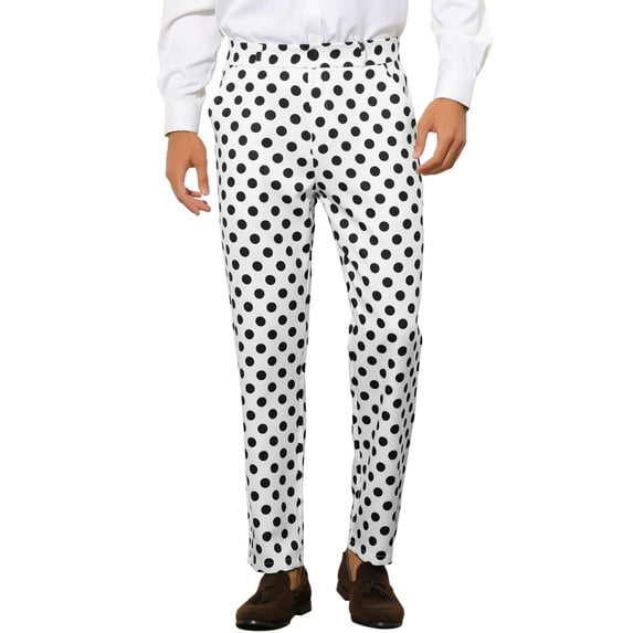 Unique Bargains Men's Polka Dots Dress Pants Regular Fit Flat Front Printed Trousers 36 White