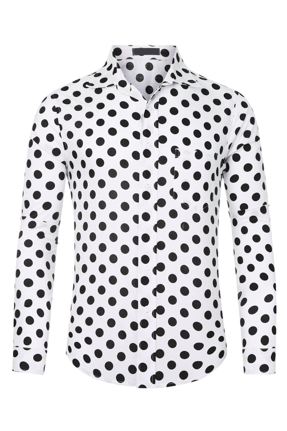 Men's Polka Dots Dress Shirt Button Down Long Sleeve Casual Shirts L White