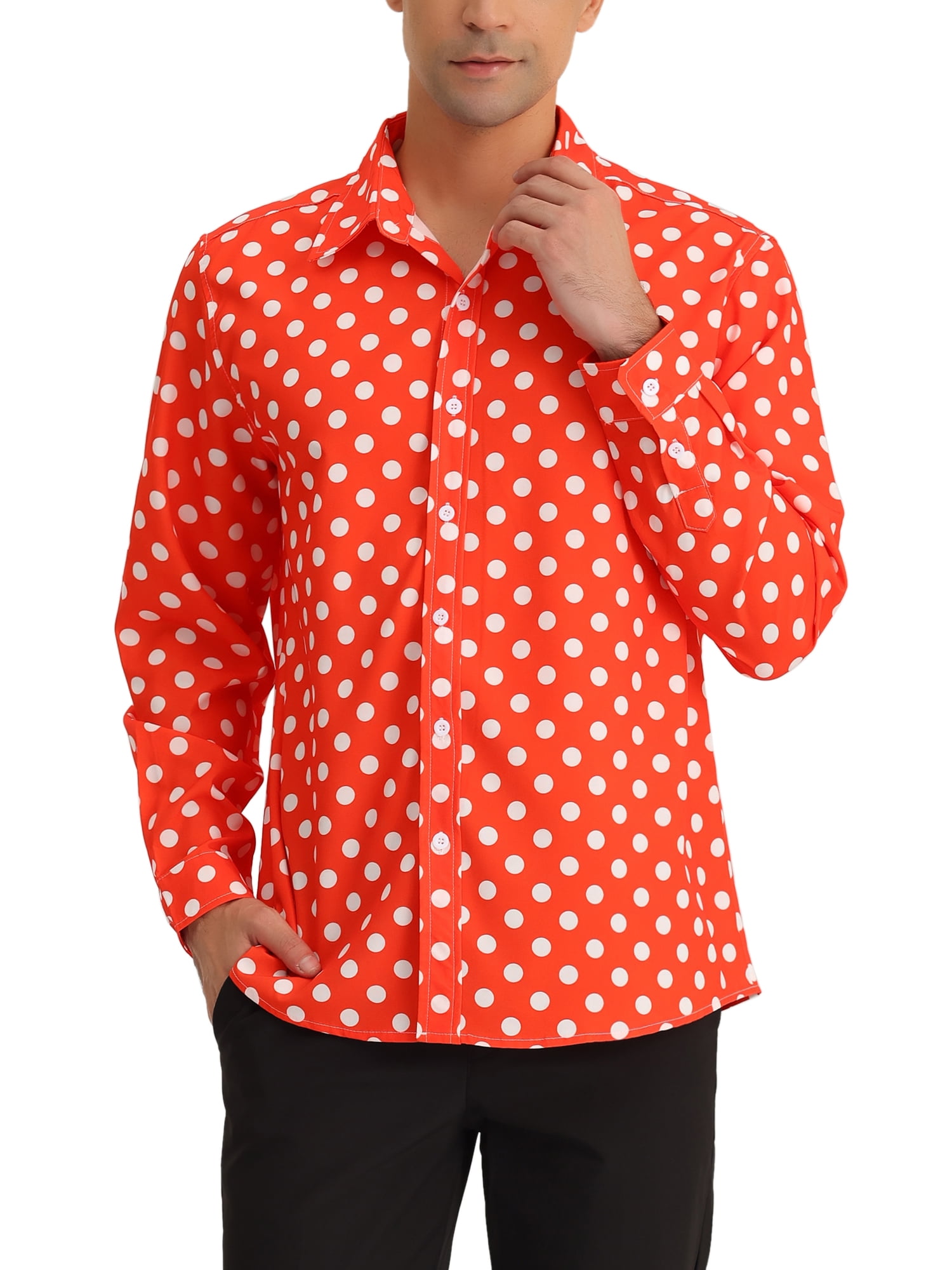 Unique Bargains Men's Polka Dots Print Dress Shirt Long Sleeves Casual Shirts M Red