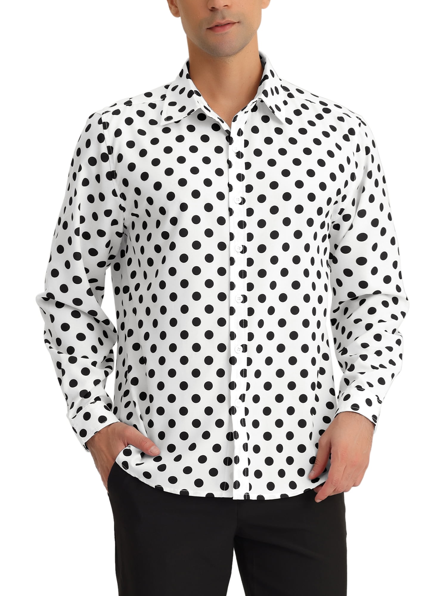 DARING DIVA Men's Casual Long Sleeve Button Down with Polka Dot Print Shirt M White