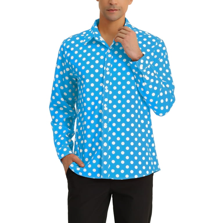 Unique Bargains Men's Polka Dots Print Dress Shirt Long Sleeves Casual  Shirts S Blue 