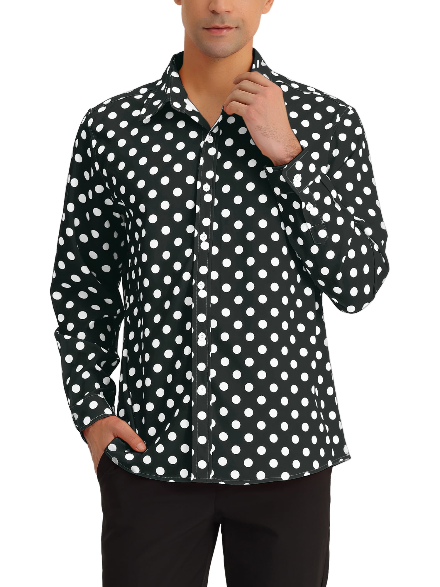 Unique Bargains Men's Polka Dots Print Dress Shirt Long Sleeves Casual