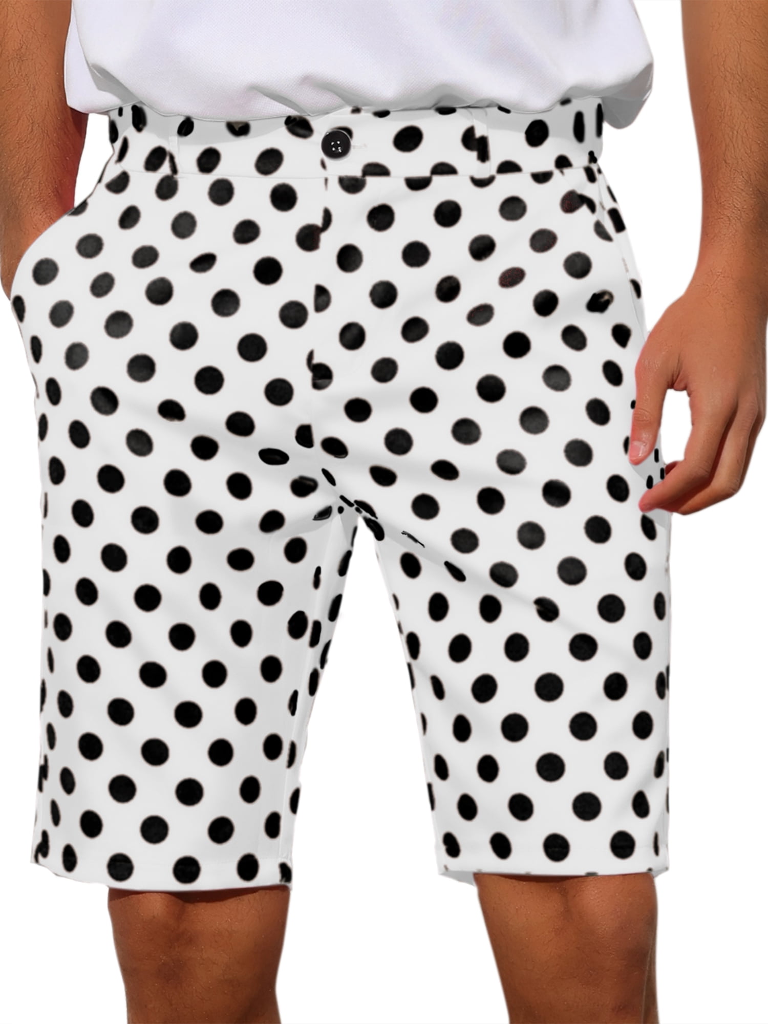 Unique Bargains Men's Polka Dots Shorts Straight Fit Comfort Flat Front Chino Shorts 28 White